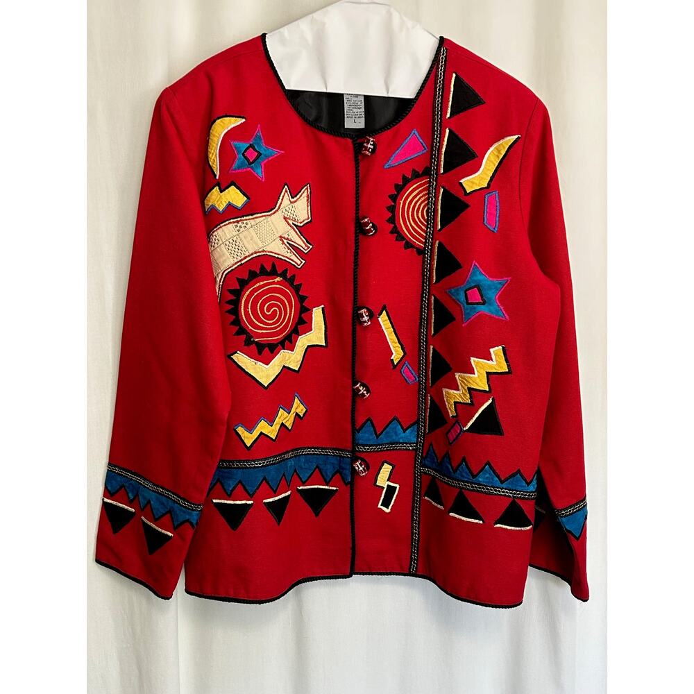 Indigo Moon Vintage Embroidered Button Up‎ Jacket Glass Bead Buttons Size L